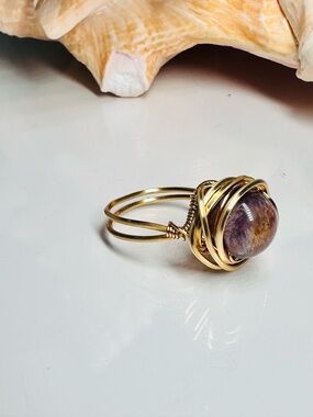 Gold Wire-Wrapped Ring with Sacred seven Stone bead